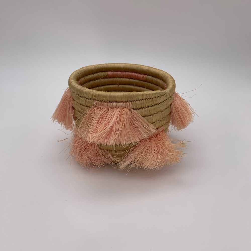 Vintage Decorative Bohemian Shabby Chic Handwoven Basket With Tassel 4” X 5”